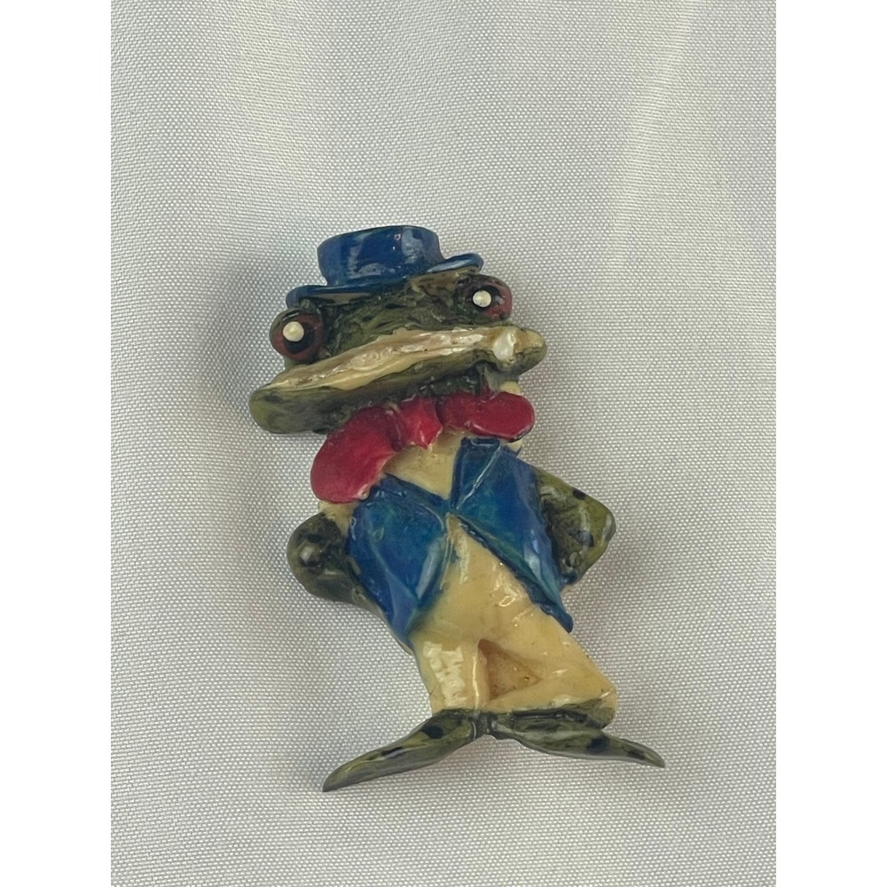 Whimsical Frog Gentleman Pin‎ Brooch Blue Hat Red Bowtie Dapper Figurine 00837